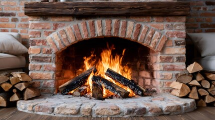 Obraz premium Brick fireplace with burning logs providing warmth