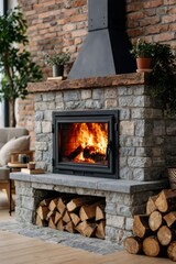 Obraz premium Stone fireplace with burning logs creating cozy atmosphere at home