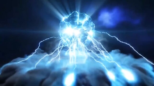 Blue Electric Energy Explosion With Lightning And Smoke On Dark Background