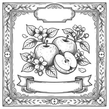 label design featuring apple, fig leaves, ornate border, and blank banner for jam packaging sketch engraving generative ai vector illustration. Scratch board imitation. Black and white image.