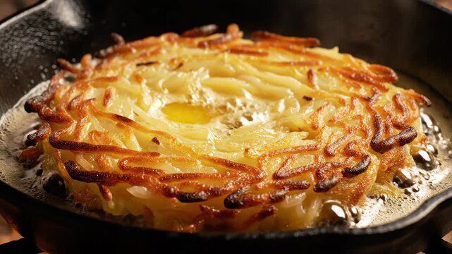 Golden Swiss potato rosti frying in bubbling butter inside a rustic cast iron skillet