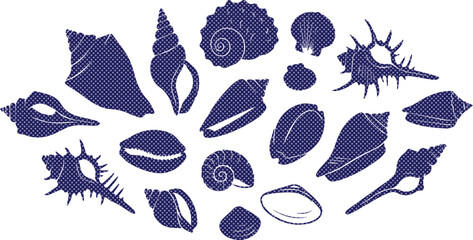 Vintage seashell silhouettes in navy blue, set of 15 nautical sea shell vector icons, decorative marine life elements for summer beach branding isolated on White Background © noor