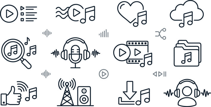Music and audio streaming service line icon set featuring headphones microphone podcast broadcasting media player playlist folder and sound wave vectors