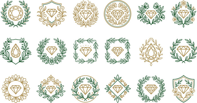 Elegant diamond and luxury floral laurel wreath logo badge set featuring gold gem crystals green botanical leaves and organic shield frame ornaments vector