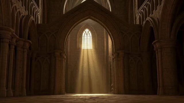 Sunlight streaming through stained glass windows in an ancient cathedral. A serene atmosphere evoking spirituality and historical significance