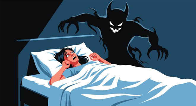 Terrified woman in bed suffering from sleep paralysis or a nightmare as a dark shadow monster hovers over her in the dark.