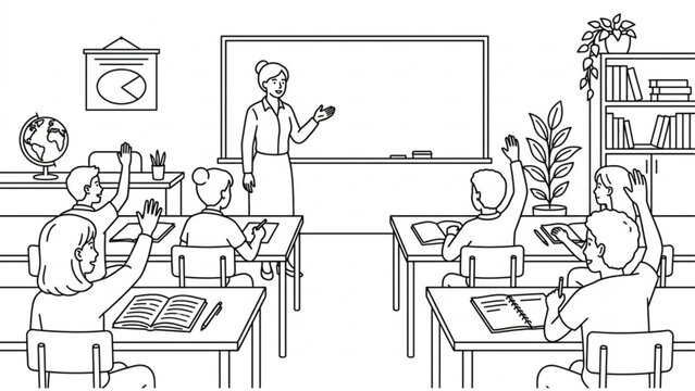 Classroom Lesson Vector Illustration &ndash; Teacher and Students in Learning
