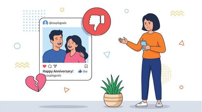 Angry woman reacting to a social media anniversary post with a dislike button vector illustration design