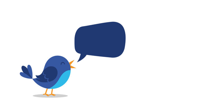 Adorable blue cartoon bird chirping with a large dark blue speech bubble next to it on a clean white background.