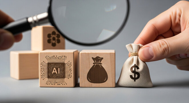 The title needs to capture the essence of AI, money, and investigation. Something like Magnifying Glass Inspecting AI Symbol Next to Money Bag or AI Investment Analysis with Mag...