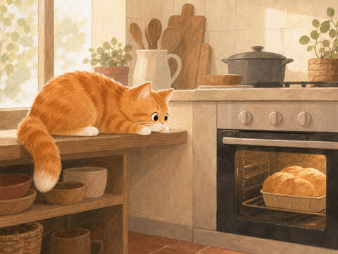 Orange Cat Watching Bread in a Cozy Kitchen