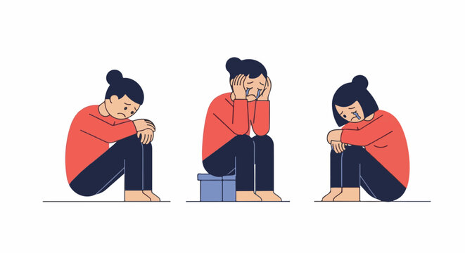 Three figures in isolation, expressing sadness and distress through posture and tears