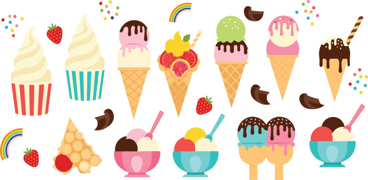 Colorful ice cream waffle cone sundae bowl and bubble waffle vector illustration set
