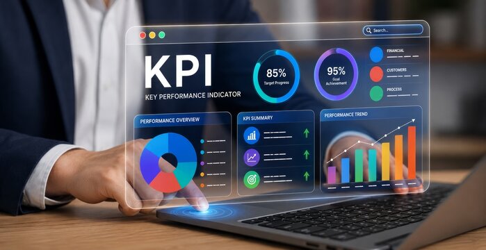 KPI Analysis and Performance Tracking with Businesswoman Monitoring Data Charts and Metrics