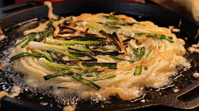 Sizzling scallion pancake cooking in a cast iron pan with bubbling oil and charred green onions