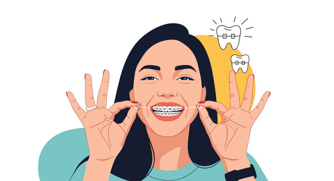 Happy smiling woman using dental floss to clean her teeth with dental braces showing good orthodontic hygiene.