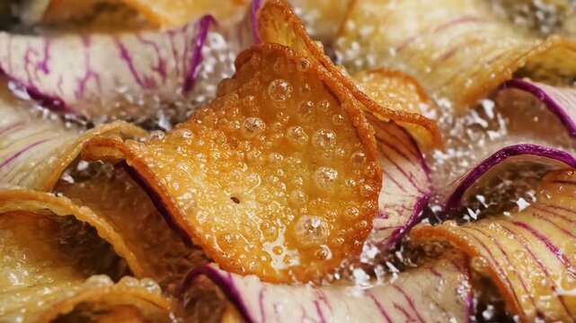 Sliced taro root with purple veins frying in hot oil and curling into crispy golden chips