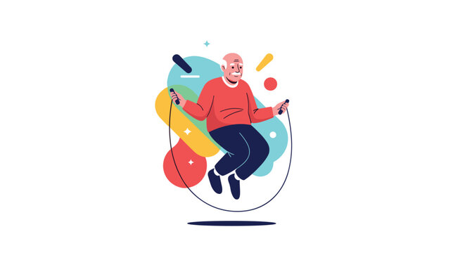 Energetic senior man skipping rope against a colorful abstract background showing healthy and active retirement.
