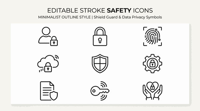 Editable stroke safety icons minimalist outline style guard and data privacy symbols.