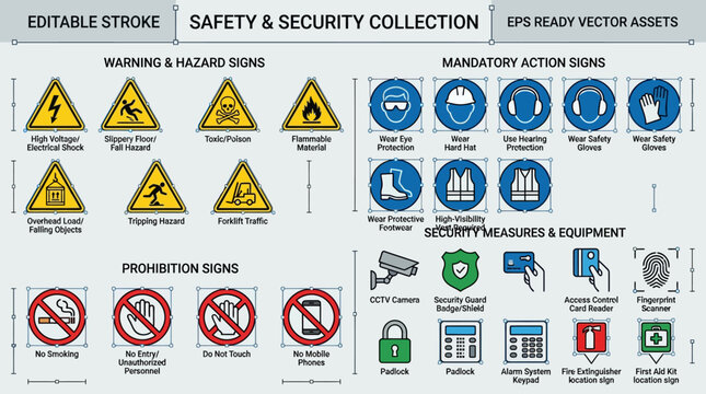Collection of Safety and Security Signs and Icons.