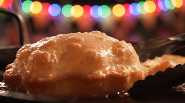 Traditional fry bread deep frying in hot oil at a night festival with colorful bokeh background
