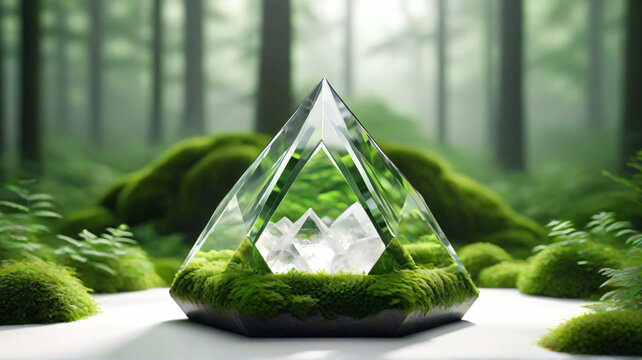 Hexagonal glass prism terrarium with quartz crystals and lush green forest moss isolated on a grey background 3d render