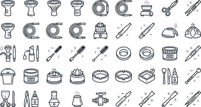 Hookah accessories and shisha equipment line icon set featuring bowls hoses charcoal burners tongs mouthpieces cleaning brushes tobacco containers and foil vectors