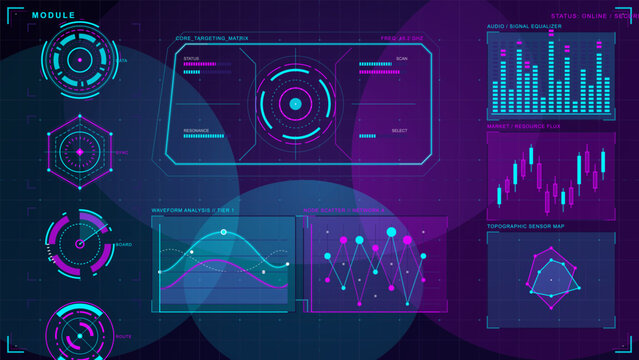 Neon futuristic data interface showing targeting matrix, signal equalizer, waveform analysis, node scatter chart and sensor map on dark grid