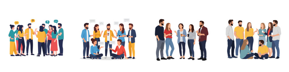 Fototapeta premium Vector illustration set of young diverse people talking and socializing in groups isolated on white background