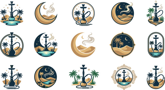 Arabic hookah lounge vector logo badge set featuring shisha pipe crescent moon desert dunes palm trees stars and middle eastern night landscape illustrations