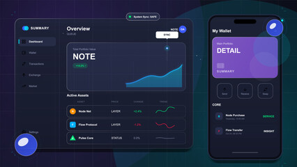 Fototapeta premium Dark digital wallet dashboard with portfolio chart, active assets table, mobile wallet screen, transaction controls and sync status interface