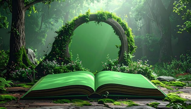 A serene forest scene with an open green book and archway