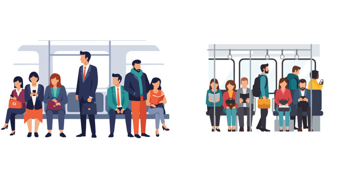 Diverse Group of Commuters Sitting and Standing Inside Modern Public Subway Trains During Daily Travel Routine