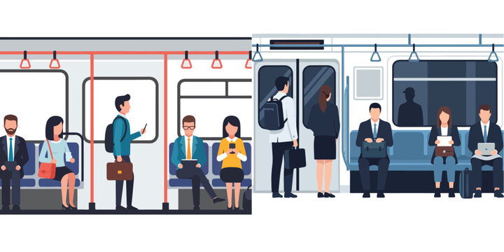 Vector illustration of diverse people commuting inside a modern subway train carriage during daily rush hour in a city