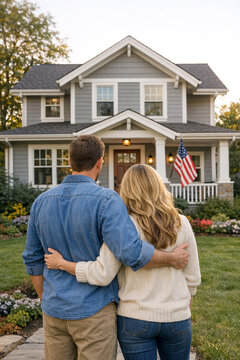 Couple stands together in front of a gray house. American flag hangs near porch. Lawn and garden surround the home. Scene shows peaceful suburban lifestyle