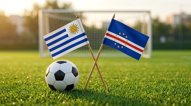 Two National Flags and Soccer Ball on a Grassy Field with Goal in Background