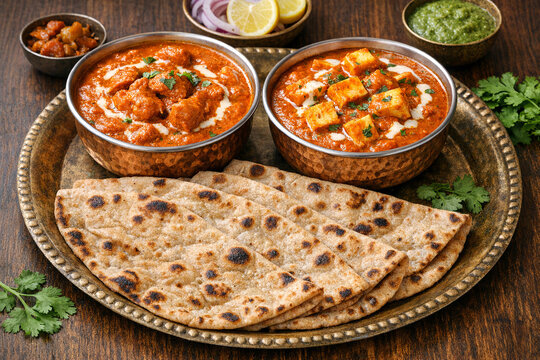 A plate of mouthwatering Indian food, including naan bread and two curry dishes.