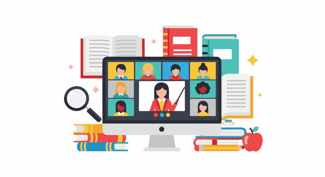 A computer screen shows a virtual class with a teacher and students, surrounded by books, a magnifying glass, and an apple