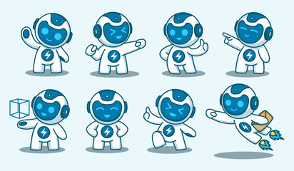 Fototapeta premium Cute Blue Robot Mascot Character Set with Various Poses and Expressions Vector Illustration