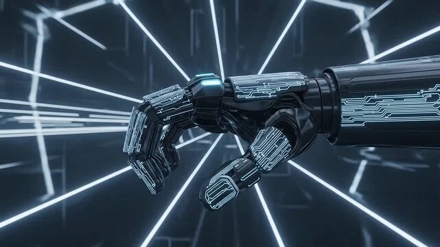 A robotic hand reaching out with glowing blue lines in the background.
