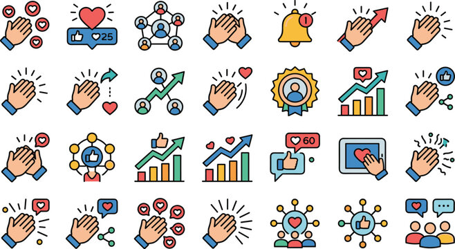 Social media engagement and business appreciation vector icon set featuring clapping hands like heart growth charts notification bell and community networking symbols