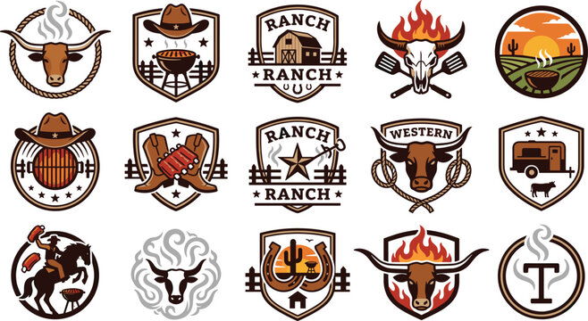 Western ranch and barbecue vector logo badge set featuring texas longhorn bull skull cowboy hat boots grilling smoke and country desert landscape illustrations