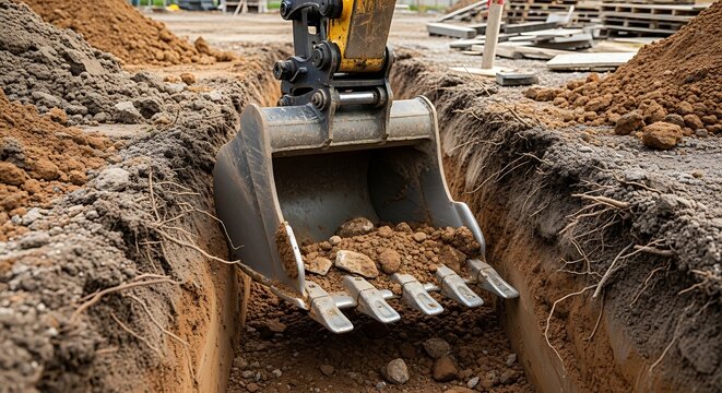 Excavator digging deep trench in soil for foundation work on construction site