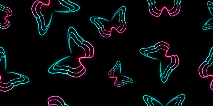 A seamless glowing butterflies. Neon glow effect. 3D vector illustration on black background.
