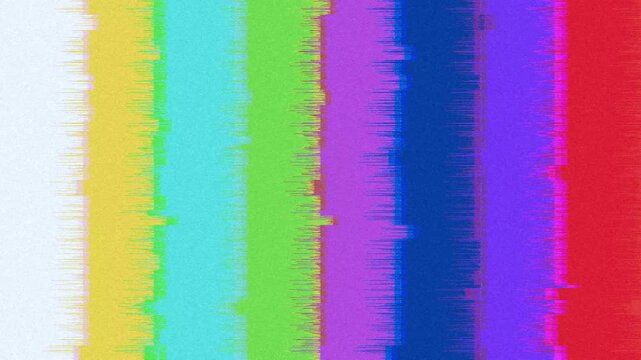 Vibrant vertical color bars creating a nostalgic television test pattern effect, evoking digital interference and retro aesthetics