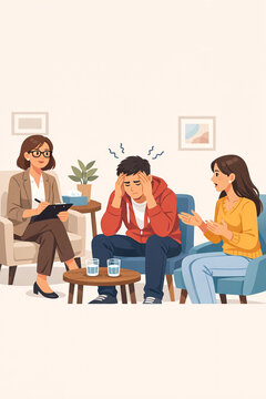 A woman and child converse with a disconsolate young man during a family session at home.