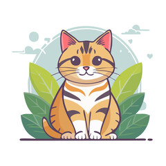 Fototapeta premium Cute cartoon cat illustration with leaves