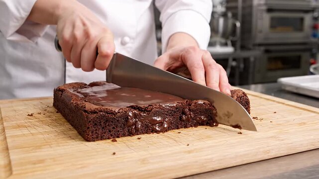 Baker slicing rich chocolate brownie slab. Sharp steel knife cutting dessert. Hands dividing cocoa treat.