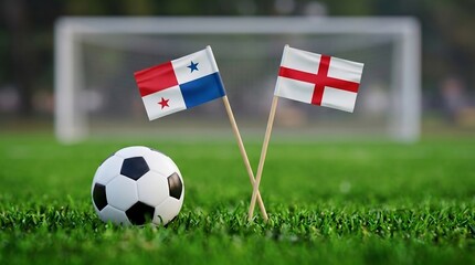 Fototapeta premium Football match between Panama and England flags on a grassy field with goal in background