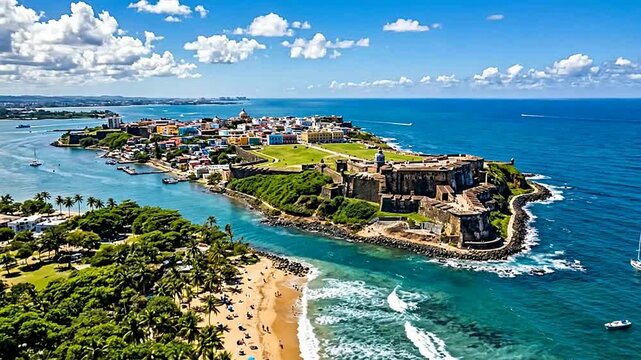 Aerial View of Historic Caribbean Coastal Fortress with Blue Sea and Sunny Sky